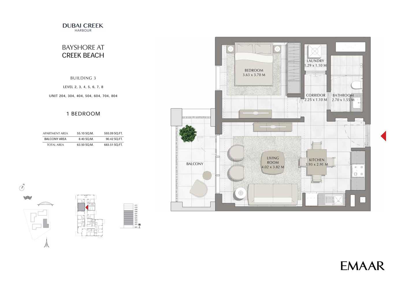 Building 3 - 1 Bedroom Level 2-3-4-5-6-7-8 Unit 20-304-404-504-604-704-804, Size 683 sq ft
